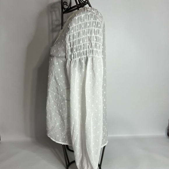 MINKPINK Sheer Dot White V-Neck Tassel Juliette Smocked Blouse Size Medium - Picture 6 of 13